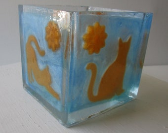 Tangerine Kitties - Square Vase, Lantern, Planter, Pot, Pen Holder, One of a Kind, Handmade Pot, Cat Lover Gift Idea, Orange and Baby Blue