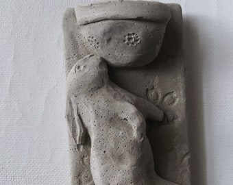 Bunny with a Flower Pot - Concrete Wall Sculpture - Hand Made Art Statue, Unique Rabbit Lover Wall Art, Ring Holder, Incense Burner, Cement