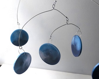 Stardust Disc Mobile - One of a Kind Hanging Wire and Resin Mobile Sculpture, Hand Made, Unique Kinetic Mobile Art, Blue and Silver Color