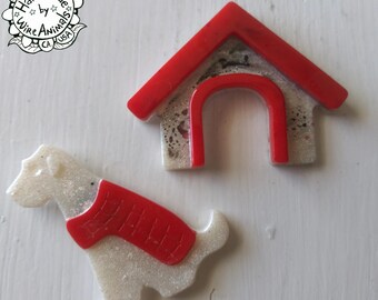 Set of Dog & House Magnet- Handmade Resin Dog Fridge Magnets, Set of 2 Refrigerator Magnets, Dog Lovers Gift, Red, White and Black, Cute