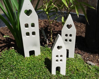Set of 3 Heart Window Tall Cement Houses, Miniature Cast Concrete Ornaments, - For Fairy Gardens, Cottage Core, Miniatures, Doll House Art