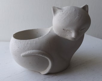 Curled Kitty Cat Vessel - Concrete Tea Light Sculpture - Garden Statue, Planter Pot, Candle Holder, Cute Cat Gift, Trinket Bowl, Cement Cat