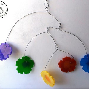 Multi Colored Blooms - One of a Kind Hanging Wire and Resin Mobile Sculpture, Hand Made Unique Kinetic Art, Moving Mobile, Rainbow Colors