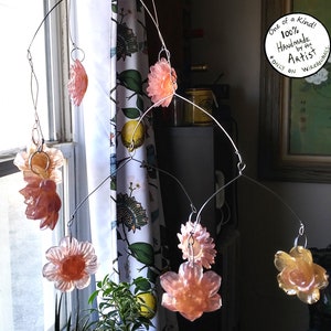 Cascade of Blooms - One of a Kind Hanging Flower Mobile Sculpture, Unique Kinetic Art, Hand Made Original, Three Dimensional, Pinks, Yellow