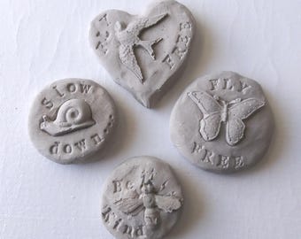 Word Stones - Cast Concrete Ornaments, - For Plant Decoration, Garden Art, Gift for the Reader, Fly Free, Be Kind, Slow Down, Butterfly, Bee