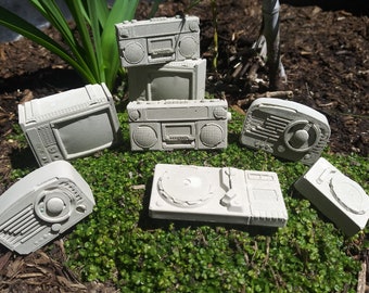 Mini Vintage Technology Concrete Art Sculptures- Plant Garden, Post Apocalyptic Fairy Garden, Boom Box, Radio, Television, Record Players