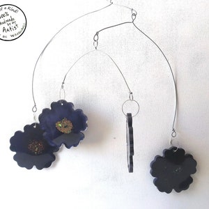 Midnight Flowers  - One of a Kind Hanging  Mobile Sculpture, Unique Kinetic Art, Hand Made Original, Flower Mobile, Deep Purple, Glitter
