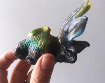 Fancy Goldfish- Resin Fish Sculpture- Fish Figurine, Blue, Gold, Cosmic Glitter, Black Goldfish Statue, Fancy Goldfish Figurine, Handmade