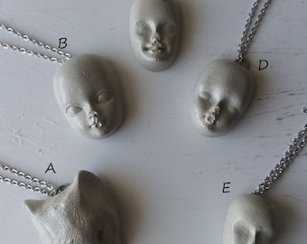 Concrete Heads Pendant Necklaces - Concrete Baby Heads on Silver Colored Chain - One of a Kind Necklaces