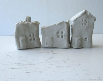Set of3 Tiny Row Houses - Cast Concrete Ornaments, - For Fairy Gardens, Plant ornaments, Cottage Core, Miniatures, Doll House Art