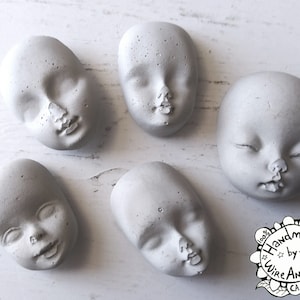 Handmade Concrete Baby Doll Head Fridge Magnets, Set of Five Refrigerator Magnets in Solid Cement - Funky, Funny, Creepy, Kooky Doll Heads