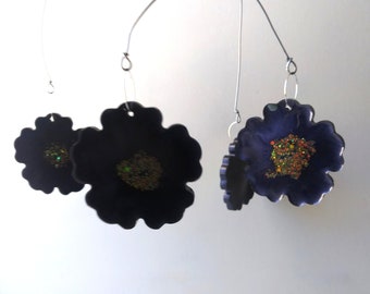 Midnight Flowers  - One of a Kind Hanging  Mobile Sculpture, Unique Kinetic Art, Hand Made Original, Flower Mobile, Deep Purple, Glitter