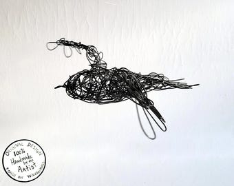 Flying Bird - Original Wire Bird Sculpture, Completely Handmade and One of a Kind, Single Strand of Wire, Hanging Black Bird Sculpture Art