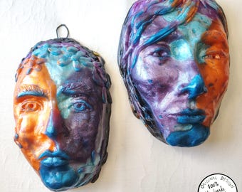 Harlequin Pair - Flower Child No.24, Guy No.7- Colorful Resin Figurative Wall Sculpture, One of a Kind Wall Art, Handmade Sculpture, Unique