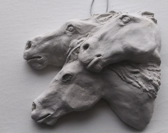 Horses - Concrete Figurative Wall Sculpture- Shallow Relief Garden Art, Hand Made Original Art, Three Horse Heads, Mustang Lover Gift