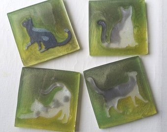 Gray and White Cats on Green Moss - Resin Tiles - Kitty Coasters - Set of Four Resin Art Tiles - One of a Kind, Hand Made by Artist, OOAK