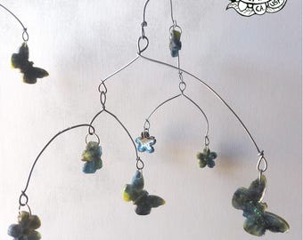 Twilight Butterfly and Blooms- One of a Kind Hanging Wire and Resin Mobile Sculpture -  Butterfly & Flower Mobile, Handmade, Unique, Kinetic