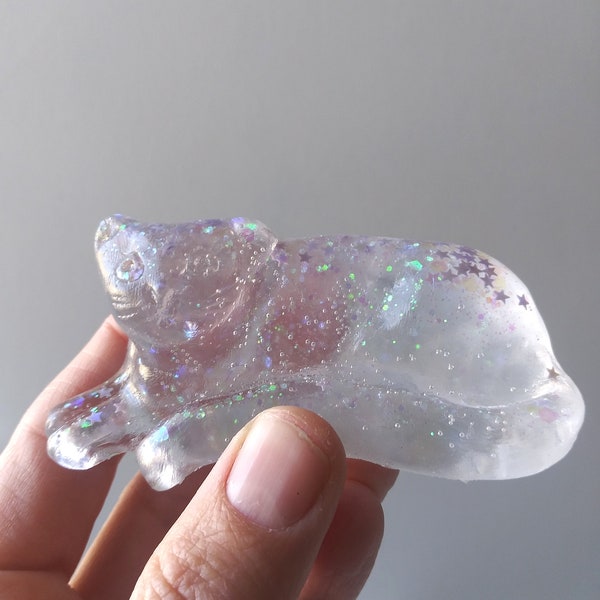 Cosmic Cat with a Long Tail and Stars- Resin Sculpture - Cat Statue, Gift for Cat Lover, Cute Sparkle Kitty, Hand Made, One of a Kind Art