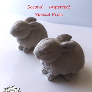 May include: Two small, gray concrete bunny figurines. The bunnies are sitting on a white surface. The text "Second - Imperfect Special Price" is written in red above the bunnies.
