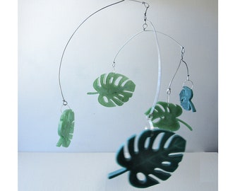 Monstera Leaf Mobile No. 1- One of a Kind Hanging Wire and Resin Mobile Sculpture - Swiss Cheese Plant Leaves Mobile, Green Monstera Leaf