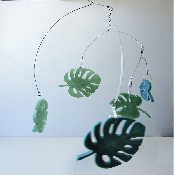 Monstera Leaf Mobile No. 1- One of a Kind Hanging Wire and Resin Mobile Sculpture - Swiss Cheese Plant Leaves Mobile, Green Monstera Leaf