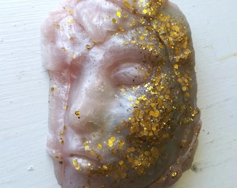 Pink and Gold - Asleep  No.2 - Resin Figurative Wall Sculpture Wall Art, Woman in a Shroud with Gold Glitter, One of a kind Hand Made Art