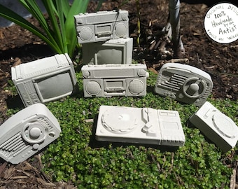 Mini Vintage Technology Concrete Art Sculptures- Plant Garden, Post Apocalyptic Fairy Garden, Boom Box, Radio, Television, Record Players