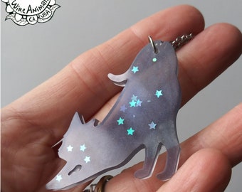 Smoke Gray Stretching Cat Constellation Pendant Necklace - Resin Sculpture on Silver Colored Chain- One of a Kind Cat Lover Necklace, Unique