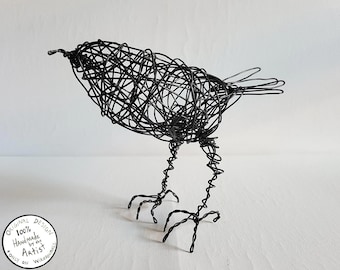 SYLVAN - Original Wire Bird Sculpture, Completely Handmade and One of a Kind, Single Strand of Wire, Black Bird Statue, Artist Made Art
