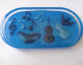 Musical Trinket Tray - Hand Cast Resin - One of a Kind Functional Art, Gift for Musician, Violinist, Blue, Purple, Glitter, Flashy Art Tray