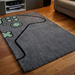 Video Game Controller Rug — Hand-Tufted Charcoal Gray & Mint Wool, Gamer Carpet for Teen Room