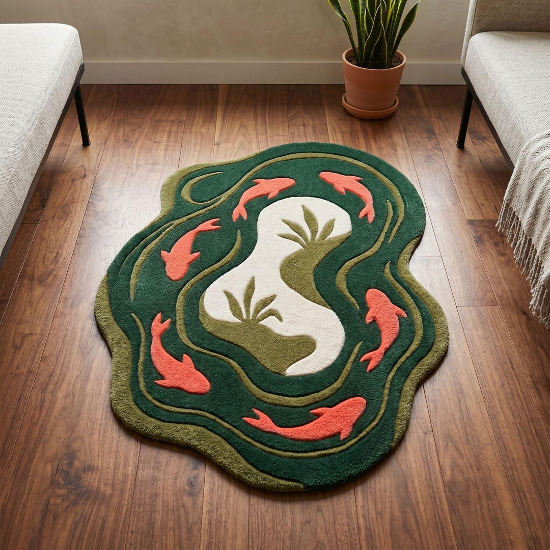 Pond Rug Abstract Area Rug, Green Orange Wool, Koi Fish Pond Motif - Etsy