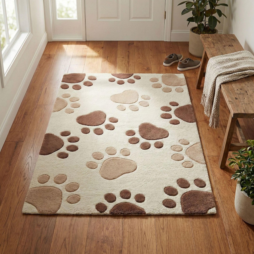 Square Paw Print Rug Paw Print Rug, Brown Animal Mat, Cute Dog Carpet, Pet-themed Wool ...