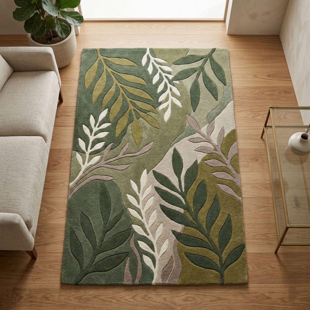 Organic Pattern Rugs Botanical Green Rug, Leaf Pattern Carpet, Organic Modern Mat, Earthy ...