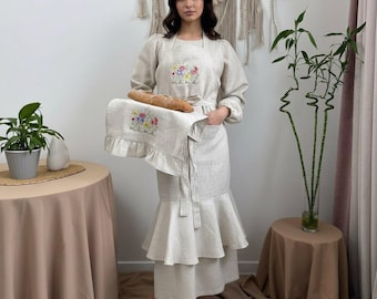 Linen Anniversary Gift Set for Wife, Personalized Apron and Napkin, 4th Wedding Anniversary Gift, Custom Embroidered Linen Kitchen Set
