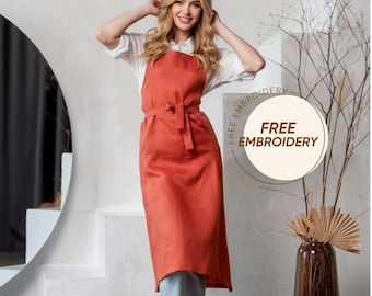 Eco-friendly apron for cleaning with embroidery, Floral household workwear, Everyday pure linen unisex bib, Personalized gift for mother