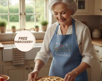 Personalized Apron for Grandma, Linen Baking Apron with Floral Embroidery, Custom Name Nana Apron, Kitchen Gift for Grandmother