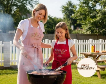 Family Matching Apron Gift Set, Mother Daughter Cooking Photo Outfits, Floral Embroidered Linen Aprons For Mother Day