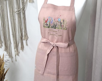 Floral Gardening Apron for Women, Cottagecore Linen Apron with Pockets, Embroidered Garden Apron, Gift for Gardener, Rustic Kitchen Apron