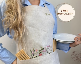 Eco-friendly apron for waiter or waitress with floral embroidery, Personalized linen uniform for caffee, Custom name restaurant workwear