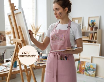 Pink cotton artist apron, Organic workwear for art studio, Aesthetic floral apron with pockets, Custom name embroidered gift for Artist