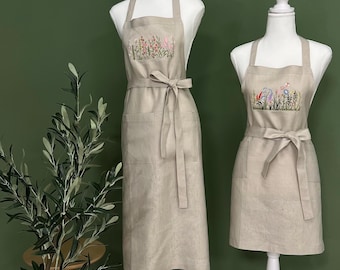 Mother Daughter Baking Aprons, Personalized Linen Family Set with Embroidery, Custom Matching Aprons
