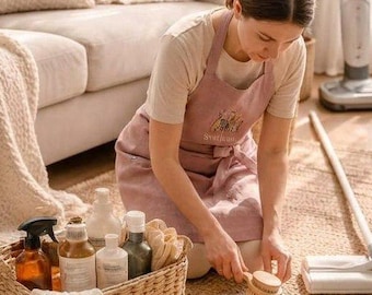 Linen Cleaning Apron with Floral Embroidery, Personalized Housekeeping Apron, Cottagecore Home Apron, Custom Embroidered Apron for Chores