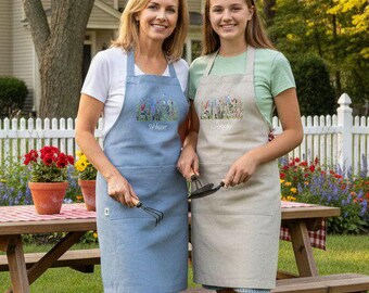 Matching Aprons for Sisters, Linen Apron Set with Pockets, Personalized Sister Gift, Custom Embroidered Aprons, Gardening Aprons Set for Her