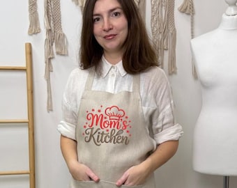 Free embrodiery! Mom kitchen apron with pocket, Boho linen apron for householding, Warm gift for mom from daughter, Eco cooking garment