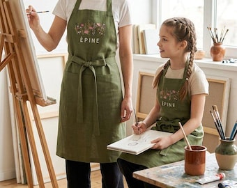 Matching Linen Art Aprons for Mom and Child, Personalized Embroidery Apron set