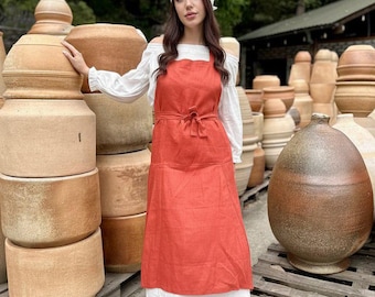 Free embroidery! Terracotta linen apron for potter, Long bib for clay artist with custom embroidery, Craft making uniform, Gift for artist