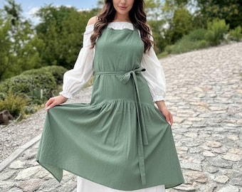 Custom Linen Apron Dress for Women, Cottagecore Pinafore Apron with Pockets, Long Gardening Apron, Personalized Apron Gift for Her