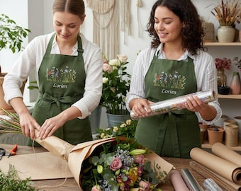 FREE EMBROIDERY! Pure linen florist's apron, Rustic bib for gardening, Plant lover gift,  Boho floral shop workwear, Cute gift for Granny