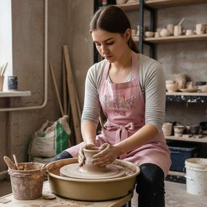 May include: A person wearing a pink apron with floral embroidery and the word "Faith" is working on a pottery wheel. The pottery wheel is beige and has a clay pot in progress. The background includes shelves with pottery.